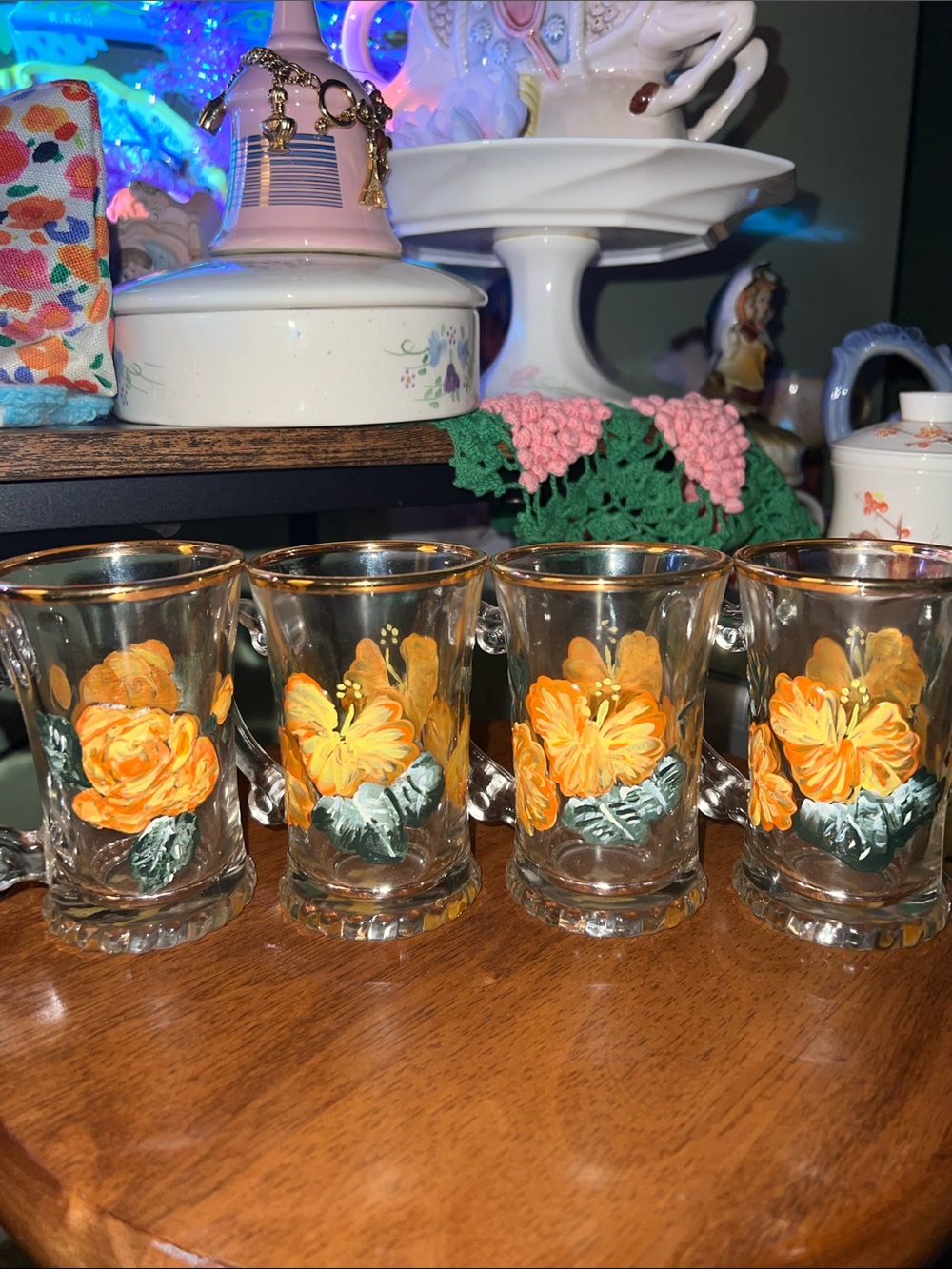 Hand-Painted Floral Glass Mugs with Gold Rim - Set of 4 - Picture 4 of 6